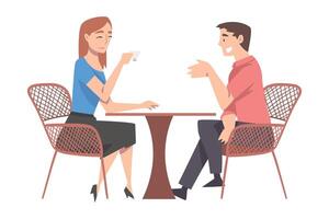 Man and Woman Sitting at Table in Cafe, Drinking Coffee and Chatting Cartoon Style Illustration vector