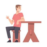 Smiling Man Sitting at Table in Cafe Outdoors, Drinking Coffee and Relaxing Cartoon Style Illustration vector