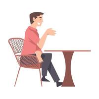 Young Man Sitting at Table in Cafe, Drinking Coffee and Relaxing Cartoon Style Illustration vector
