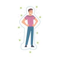 Smiling Man Protected from Bacterias, Viruses and Germs, Strong Immune System Concept Cartoon Style Illustration vector