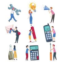 Tiny People Characters Holding Huge Objects, Young Men and Women Carrying Giant Wrench, Light Bulb, Mobile Phone, Calculator Cartoon Style Illustration vector
