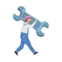 Tiny Man Carrying Huge Wrench, Plumber, Mechanic Character Cartoon Style Illustration vector