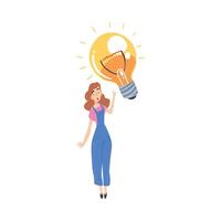 Tiny Young Woman with Huge Lightbulb, Creative Idea, Solution Concept Cartoon Style Illustration vector
