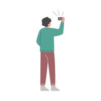 Guy Making Selfie with Smartphone, View from Behind Cartoon Style Illustration vector