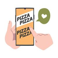 Online Pizza Ordering, Finger Pointing on Mobile Phone Screen to Order Fast Food Dish Cartoon Style Illustration vector