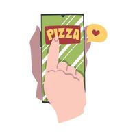 Online Pizza Ordering, Hands Holding Mobile Phone Using Food Delivery Application Cartoon Style Illustration vector