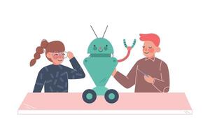 School Students Creating Toy Robot, Boy and Girl Engineers Characters Working on Educational Project Cartoon Style Illustration vector