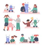 School Students Creating Robots Set, Boys and Girls Engineers Characters Working on Educational Project Cartoon Style Illustration vector