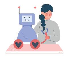 Schoolgirl Creating Toy Robot, Girl Engineer Character Working on Educational Project Cartoon Style Illustration vector