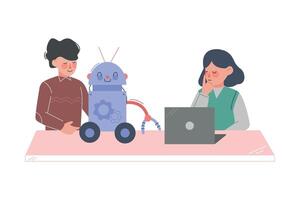 School Students Characters Programming Robot, Boy and Girl Working on Future Technology Educational Project Cartoon Style Illustration vector