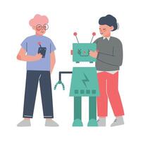 School Students Assembling and Programming Robot, Boys Engineers Characters Working on Future Technology Educational Project Cartoon Style Illustration vector