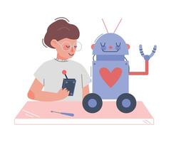 Schoolboy Creating Robot, Girl Engineer Character Working on Educational Project Cartoon Style Illustration vector