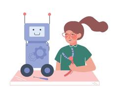 Girl Assembling and Programming Robot, Young Engineer Character Working on Future Technology Educational Project Cartoon Style Illustration vector