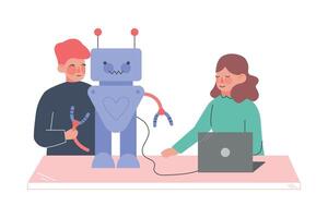 Children Assembling and Programming Robots, Young Engineers Working on Future Technology Educational Project Cartoon Style Illustration vector