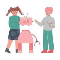 School Students Characters Assembling Robot, Boy and Girl Working on Educational Project Cartoon Style Illustration vector
