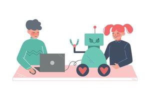 Children Assembling and Programming Robots, Boy and Girl Engineers Working on Future Technology Educational Project Cartoon Style Illustration vector