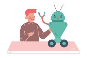 Schoolboy Assembling Robot, Boy Engineer Character Working on Educational Project Cartoon Style Illustration vector