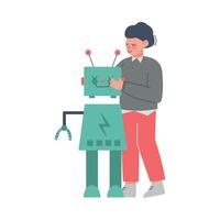 Boy Assembling Robot, Young Engineer Character Working on Future Technology Educational Project Cartoon Style Illustration vector
