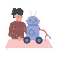 Schoolboy Assembling and Programming Toy Robot, Boy Engineer Character Working on Future Technology Educational Project Cartoon Style Illustration vector