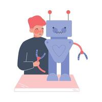 Boy Assembling and Programming Robot, Schoolboy Working on Future Technology Educational Project Cartoon Style Illustration vector