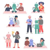 Students Creating Robots Set, Boys and Girls Engineers Characters Working on Future Technology Educational Project Cartoon Style Illustration vector
