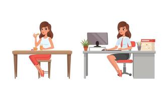 Girl Having Breakfast and Working with Laptop Computer at her Office Set, Young Woman Activity and Daily Routine Cartoon Illustration vector