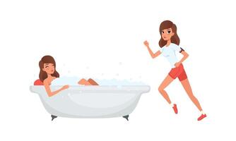 Girl Taking Bath in Bubble Bathtub and Running in Morning, Set, Young Woman Activity and Daily Routine Cartoon Illustration vector