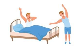Guy Waking up and Doing Morning Workout Set, Young Man Activity and Daily Routine Cartoon Illustration vector