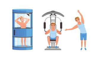 Guy Taking Shower, Flexing Muscles on Trainer Gym Machine and Doing Morning Workout Set, Young Man Activity and Daily Routine Cartoon Illustration vector