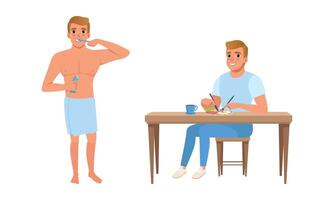 Guy Brushing Teeth and Having Breakfast Set, Young Man Activity and Daily Routine Cartoon Illustration vector