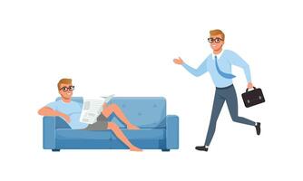 Guy Reading Newspaper and Running in Hurry, Set, Young Man Activity and Daily Routine Cartoon Illustration vector