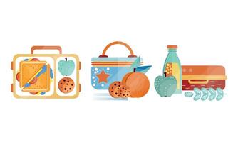 Lunch Boxes with Various Ingredients Set, Food For Kids and Students Collection Flat Illustration vector