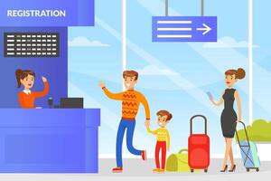People Standing in Flight Registration Line at Airport Check Counter, People with Luggage Passing Passport Control and Waiting Boarding Illustration vector