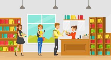 Library Interior with Students with Books and Librarian Assisting them at Service Desk, Education and Knowledge Concept Cartoon Illustration vector