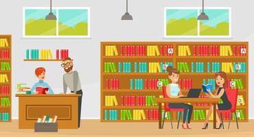 Library Interior with People Reading Books and Librarian at Service Desk, Education and Knowledge Concept Cartoon Illustration vector