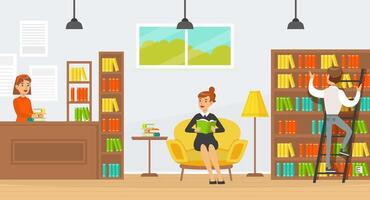 Library Interior with People Choosing and Reading Books, Librarian Character Standing at Service Desk, Education and Knowledge Concept Cartoon Illustration vector