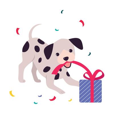 Funny Dog with Present Box, Adorable Spotted Puppy, Symbol of Xmas and New Year, Happy Winter Holidays Concept Cartoon Style Illustration