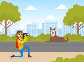 Girl Photographer with Digital Camera Taking Photo of Dog in Summer Park Cartoon Illustration vector