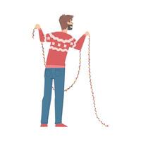 Man in Christmas Sweater Holding Garland, Back View of Merry Xmas and New Year, Happy Winter Holidays Concept Cartoon Style Illustration vector