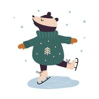 Lovely Badger Skating on Rink, Xmas Animal Cartoon Character, Merry Christmas and Happy New Year Illustration vector