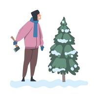Man Chopping Spruce in Forest Preparing for Holiday Celebration Cartoon Style Illustration vector