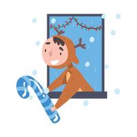 Smiling Boy Looking out of the Window, Kid in Reindeer Costume Giving or Receiving Candy Cane, Merry Xmas and New Year, Happy Winter Holidays Concept Illustration vector