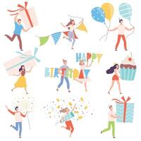 People Holding Gift Boxes Set, Tiny Persons Celebrating Birthday or Important Events Cartoon Style Illustration vector