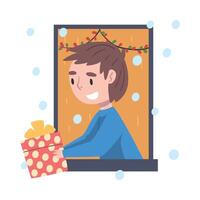 Smiling Little Boy Looking out of the Window, Kid Giving or Receiving Present Box, Merry Xmas and New Year Cartoon Style Illustration on White Background. vector