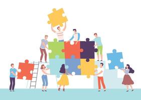 Group of People Connecting Puzzle Elements, Business Team Assembling Puzzle, Solving Difficult Problem, Teamwork, Cooperation Concept Cartoon Style Illustration vector