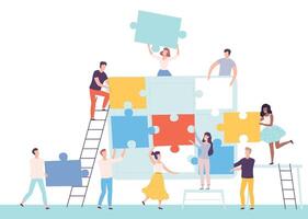 Team of People Connecting Puzzle Elements, Men and Women Assembling Puzzle, Teamwork, Cooperation Concept Cartoon Style Illustration vector