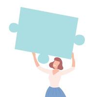 Young Woman Connecting Puzzle Elements, Girl Holding Big Light Blue Jigsaw Piece Assembling Abstract Puzzle, Solving Difficult Problem Cartoon Style Illustration vector