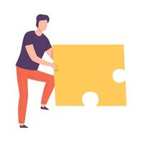 Man Connecting Puzzle Elements, Guy Holding Big Yellow Jigsaw Piece Assembling Abstract Puzzle, Solving Difficult Problem Cartoon Style Illustration vector