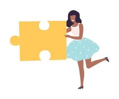 Young Woman Connecting Puzzle Elements, Girl Holding Big Yellow Jigsaw Piece Assembling Abstract Puzzle, Solving Difficult Problem Cartoon Style Illustration vector