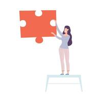 Young Woman Connecting Puzzle Elements, Girl Holding Big Red Jigsaw Piece Assembling Abstract Puzzle, Solving Difficult Problem Cartoon Style Illustratio vector